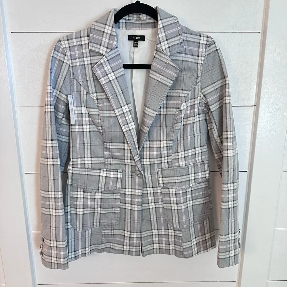 NWT AFRM S Lila grey plaid cotton preppy effortless wardrobe staple denim blazer - Picture 2 of 16